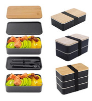 Couvercle de boîte à bento Design minimaliste Boîtes à lunch pour étudiants avec ensemble de couverts Double couche PP avec bacs carrés en plastique en bois Double niveau