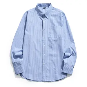 Men's Cotton Blue Striped Long Sleeve Button Down Collar Dress Oxford Shirts