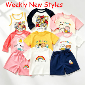 Conjunto de camiseta y pantalones cortos de algodón para niños, conjunto de verano con estampado de dibujos animados, ropa infantil lista para enviar, colores mixtos, estilo aleatorio. - Product Image 3