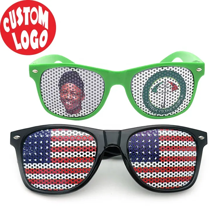 Custom Flag Glasses Fan Party Sunglasses Free Sample With Client'S Logo Printing On Lens Pinhole Sticker Sun Glasses