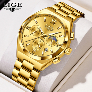LIGE LG89196 Reloj cronógrafo de acero inoxidable para hombre Cara grande Tono dorado Fácil de leer Cuarzo analógico Números romanos Reloj de pulsera - Product Image 1