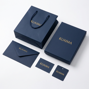 Sac cadeau en papier mat bleu marine de luxe avec logo personnalisé KM, estampage à chaud doré, poignée en corde de coton, emballage pour boutique de bijoux - Product Image 3