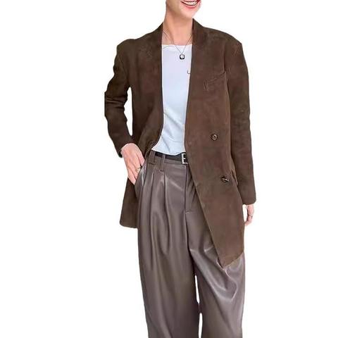 4157 Custom Design Stylish Leather Suit Coat Medium Length Elegant Loose Women Real Suede Leather Coat