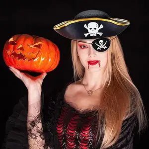 Topi bajak laut, kostum kapten bajak laut cetak tengkorak, aksesori Halloween pesta ulang tahun dengan tambal sulam mata sudut Tri topi bajak laut