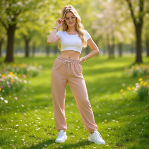 Pantalon Harem Femme J716 Taille Haute Tricoté Coupe Ample Longueur Intégrale Couleur Unie Cordon de Serrage Décontracté Printemps - Product Image 2