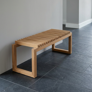 Banc de jardin en teck minimaliste moderne sans dossier, banc de patio en bois avec plateau à lattes fines - Product Image 3