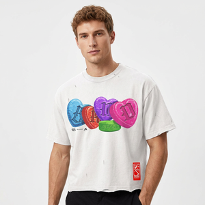 PSA <b>Men's</b> Oversized Regular-Length Formal T-Shirt Short Sleeve <b>Turtleneck</b> Printed Heart Pattern 100% Cotton Knitted Front Logo - Product Image 6