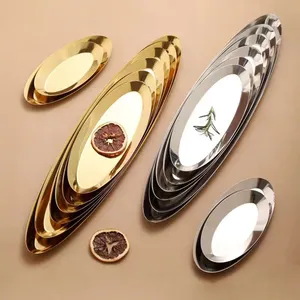 Stainless steel oval serving tray plate set for restaurant party long platter sandwiches dessert salad sushi display dish