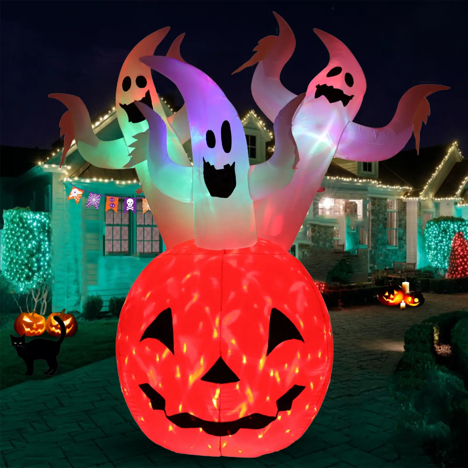 6FT Giant Inflatable Halloween Decoration Ghost Pumpkin Halloween Pumpkin Party Outdoor with LED Light