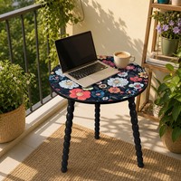 Table basse ronde Mandala avec pieds en bois massif torsadés, design à motifs détachables, table d'appoint portable pour la maison