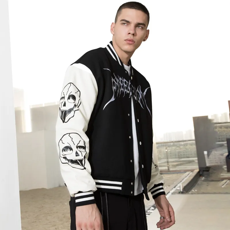 Custom Logo Embroidery Jacket Skull Ink Printing Baseball Jacket