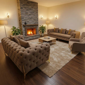 طقم أريكة تشيسترفيلد مبطن بـ 223 مقعد، ظهر مزخرف، أرجل معدنية ذهبية، قماش مخملي - أريكة قطاعية بتصميم عصري للشقق - Product Image 5