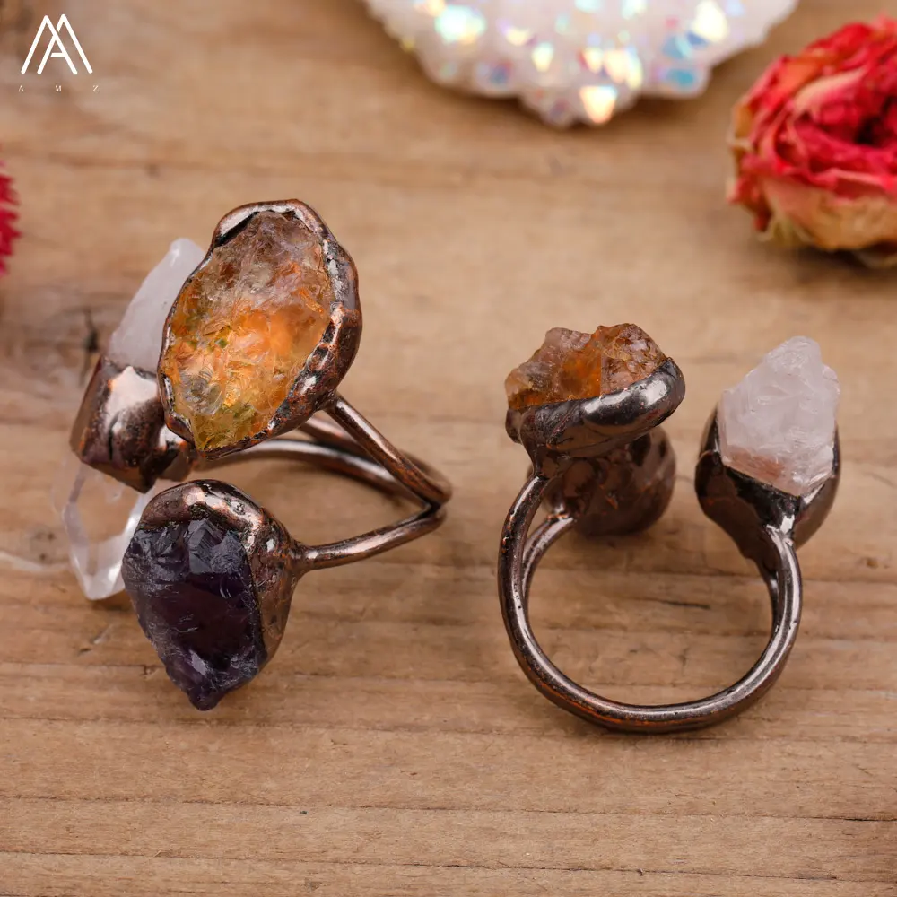 Anillos de diseño para hombre, punto de cuarzo blanco, citrino, amatista, latón antiguo, cristales curativos, Chakra, regalo de joyería