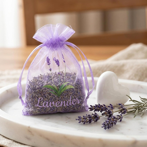 Sac cadeau en organza violet avec cordon de serrage, logo personnalisé, imprimé de fleurs de <span class=keywords><strong>lavande</strong></span>, usage promotionnel - Product Image 3