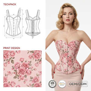 <span class=keywords><strong>Corset</strong></span> à baleines en acier <span class=keywords><strong>rose</strong></span> imprimé numérique personnalisé, décolleté cœur, bretelles larges, fermeture avant et laçage arrière - Product Image 1