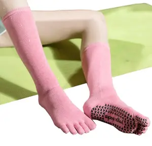 Anti slip crew women cotton gel ladies summer black white pink grey five fingers long sports 5 toes yoga pilates grip socks