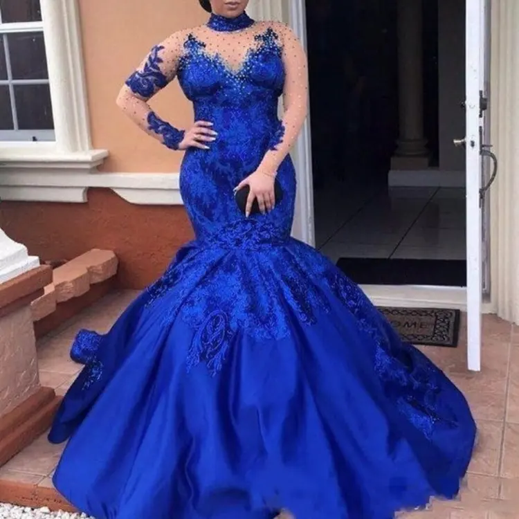 Royal Blue Evening Dress High Neck Lace Appliques Plus Size Satin Mermaid Formal Evening Prom Wear