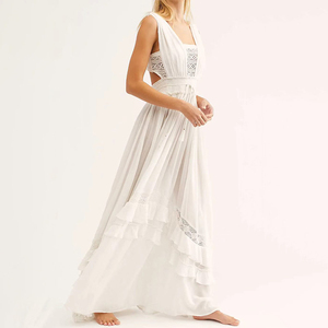 Vestido de lino con cuello en V y corte en A, diseño personalizado ODM, elegante vestido maxi con inserciones de encaje estampado, vestido informal de verano sin espalda de algodón crepé para mujer. - Product Image 5