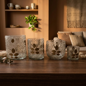 Porte-bougie décoratif en verre à motif feuille bohème, pot texturé transparent, passe au lave-vaisselle, centre de table pour la maison, les mariages et la décoration de table à manger - Product Image 3