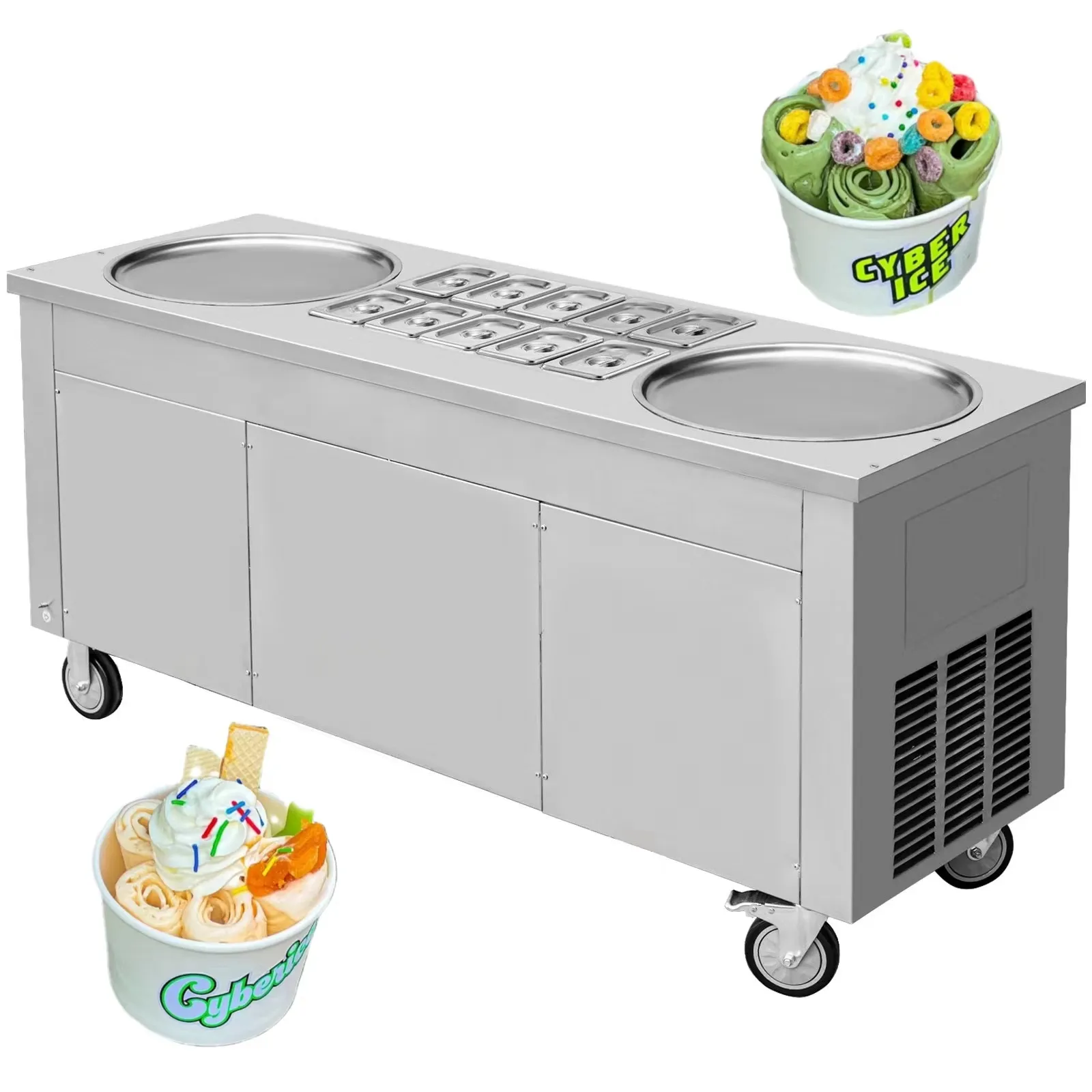 Máquina comercial de helado frito Máquina de helado enrollado de 2800W con gabinete 10 cajas 2 sartenes Máquina de rollo de helado