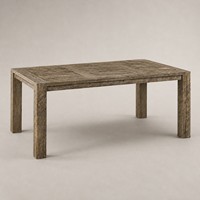 Ensemble de salle à manger rectangulaire en bois recyclé de style rustique avec pieds épais et chaises en tissu pour villas, hôtels et espaces de type boutique