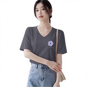 Women's V Neck Silk Cotton T <b>Shirt</b> Short Sleeve Regular Fit Printed Tee Casual Summer - Product Image 4