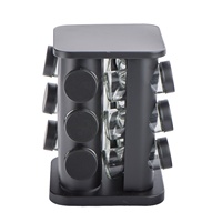 Ensemble de 12 pots à épices contemporains en verre avec couvercle en métal noir et support rotatif en métal pour la cuisine, capacité de 3 oz, shaker à épices