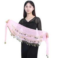 Cinturón de cintura sexy para danza del vientre, con decoración de 72 monedas, pañuelo de cadera para danza india, sarong, cinturón de gasa de tres capas, fular para la cadera