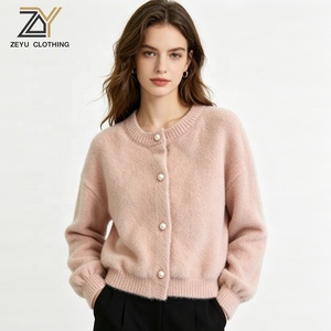 Cardigan en tricot doux rose poudré Zeyu pour femme, avec boutons perlés, manches longues lanternes, décontracté, pour le bureau ou le quotidien, en fausse fourrure - Product Image 1