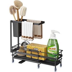 Évier de cuisine moderne à rebord étroit avec égouttoir rétractable, support mural pour éponge, chiffon et détergent, brosse de nettoyage écologique - Product Image 1