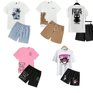 Men's Summer Short-Sleeved T-Shirt and Shorts Set Printed Lettering Cartoon Graphics Solid Pattern Knitted Suit