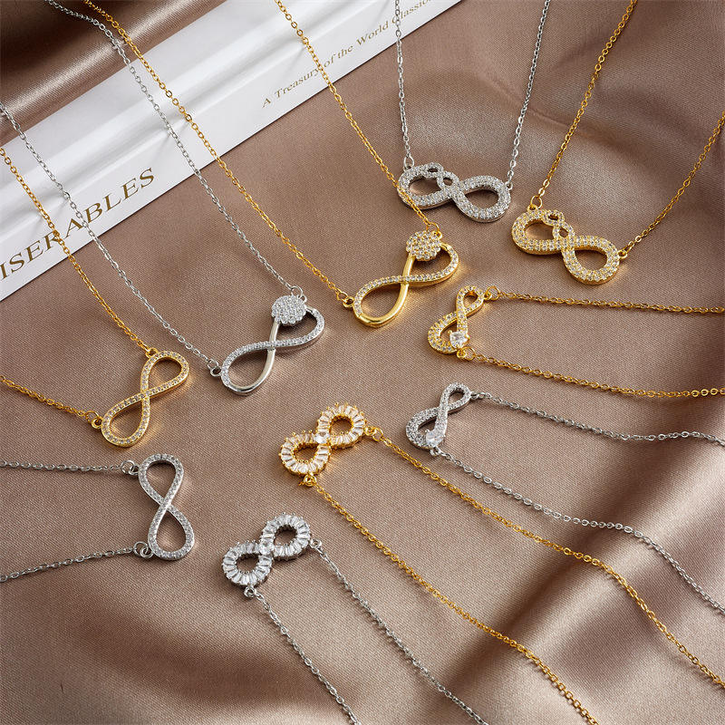 Hot Sale Copper Gold Plated Jewelry Diamond Zircon 8-Figure Infinity Symbol  Pendant Charms Necklace