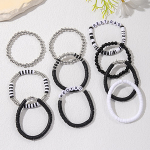 Ensemble de bracelets pour la fête des pères, 10 pièces, perles en argile polymère noires et blanches, élastiques, bijoux unisexes, cadeau - Product Image 2