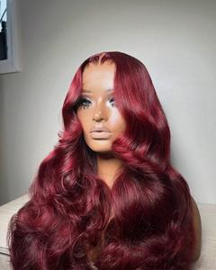 Perruque indienne 99j bordeaux transparente à dentelle frontale pour femmes, vente en gros d'usine, 13x4 pré-épilée, ondulée, pour perruque frontale longue - Product Image 2