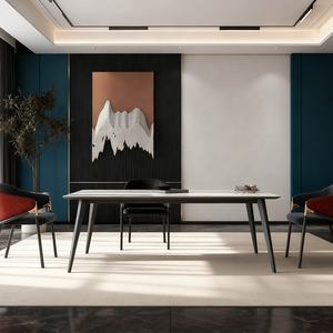 Ensemble de <span class=keywords><strong>table</strong></span> en pierre frittée blanche rectangulaire <span class=keywords><strong>Table</strong></span> à manger bon marché avec base en acier au carbone solide <span class=keywords><strong>pour</strong></span> 6 chaises en promotion - Product Image 3