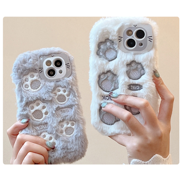Winter Warm Soft Plush Phone Case for iPhone 15 Pro Max 14 13 11 12 Pro 3D Cat Cute Furry Warm Fur Hair Cover