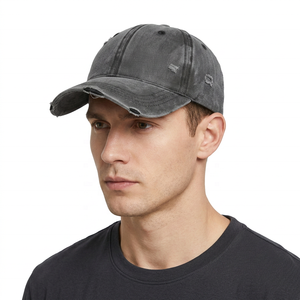 Casquette de baseball en molleton de coton noir vieilli, 6 panneaux, style vintage déchiré, réglable, unisexe, décontractée, sportive, style urbain - Product Image 2