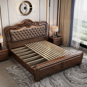 Golden Sandalwood And Walnut Solid Wood Bed High Box Storage With Upholstered <b>Headboard</b> Double Bed For Master Bedroom - Product Image 2