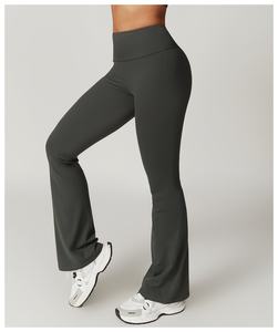 Pantalon de sport de loisirs de style européen et américain avec taille haute taille élastique jambe large impression de hanche nue pantalon de danse de cloche de yoga solide - Product Image 2