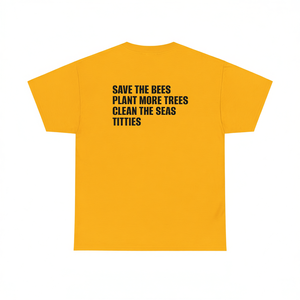 Save The Bees Plant Trees Clean Seas Titties T-shirt jaune, chemise avec message environnemental - Product Image 2