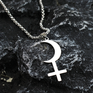 Collier avec pendentif en forme de croix de lune argentée, symbole de Lilith, pour femmes, breloques en acier inoxydable, symbole astrologique, signe, amulette, bijoux - Product Image 5