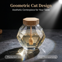 Pot à miel hexagonal en verre transparent vide avec cuillère en bois