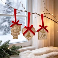 Juego de 3 Adornos Navideños Rústicos de Madera, Santa, Corazón, JOY, con Brillantina, Decoración Colgante para Árbol, Regalo, 6 cm