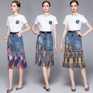 Conjunto de <span class=keywords><strong>Falda</strong></span> Casual Combinada <span class=keywords><strong>con</strong></span> <span class=keywords><strong>Falda</strong></span> <span class=keywords><strong>Vaquera</strong></span> Lavada Tejida, Conjunto de Dos Piezas, <span class=keywords><strong>Camiseta</strong></span> Transpirable de Manga Corta Blanca de Verano - Product Image 6