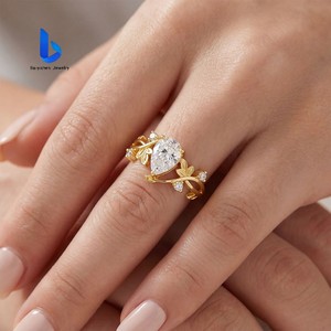 Bague en or plaqué or 10K14K18K avec <span class=keywords><strong>diamant</strong></span> de laboratoire en forme de poire certifié IGI, motif floral personnalisé, pour <span class=keywords><strong>femme</strong></span> - Product Image 6