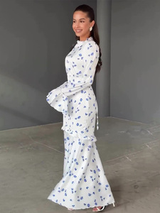 Abaya pour femme R-612, modeste, respirante, en polyester, printemps, motif floral délicat, volants, longueur cheville, coupe ajustée - Product Image 4