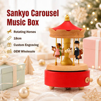 Boîte à musique carrousel en bois avec chevaux rotatifs, manivelle, cadeau personnalisé gravé, vente en gros OEM, 18 notes Sankyo