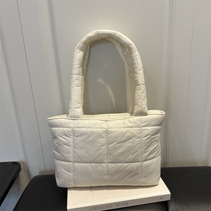 White Quilted Down Cotton Tote Bag <b>Medium</b> Size Everyday Use Shoulder <b>Handbag</b> - Product Image 1