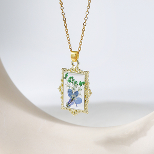 Collier <span class=keywords><strong>de</strong></span> style peinture à l'huile avec fleurs séchées véritables, pendentif encadré sculpté, plaqué or, en résine florale, chaîne <span class=keywords><strong>de</strong></span> clavicule pour pull - Product Image 6