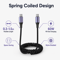 Cable de Carga Rápida Tipo-C a Tipo-C de 65W, Trenzado de Nailon, En Espiral, para Computadora, Teléfono, Tableta, Automóvil y Cámara